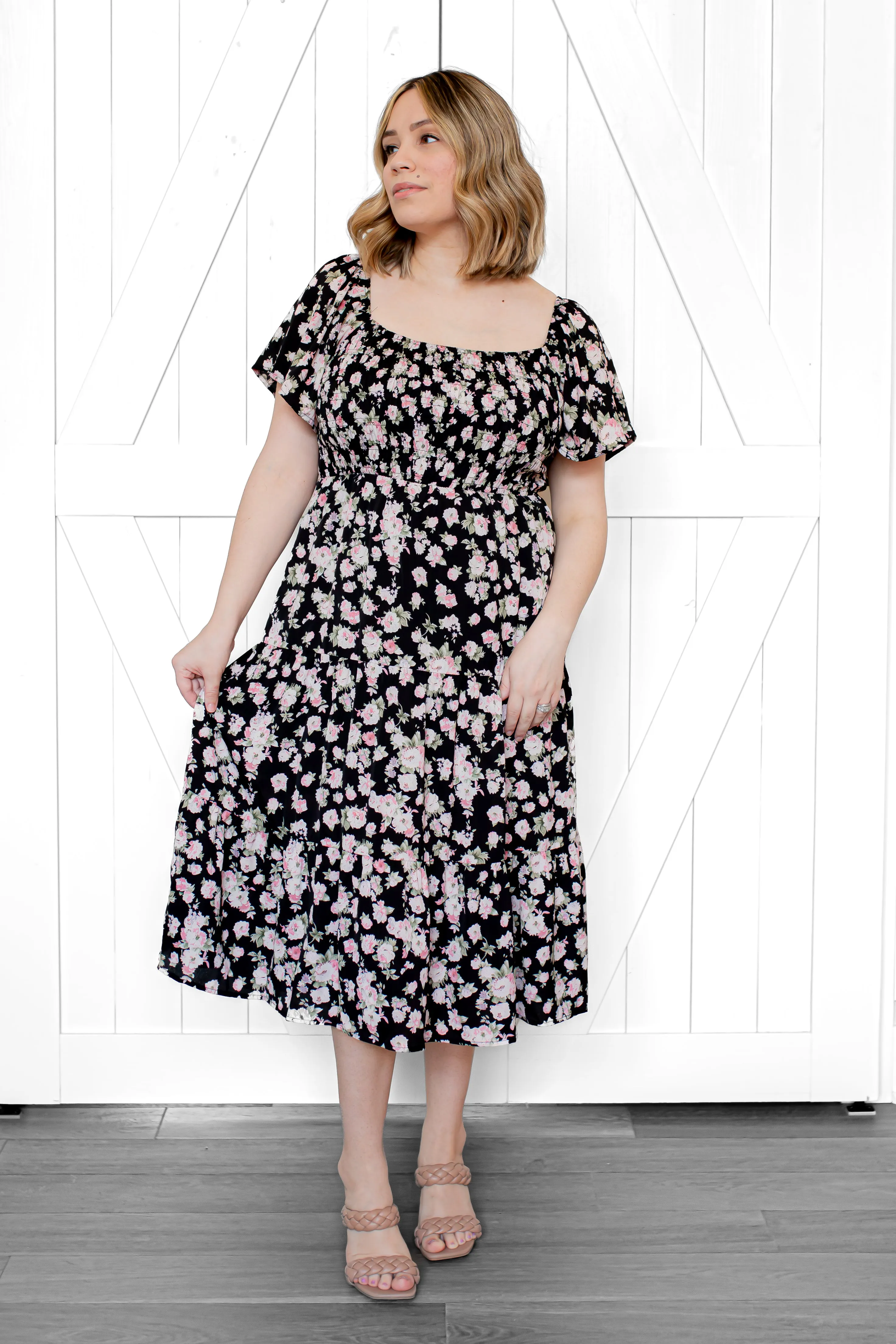 Adella Smocked Floral Midi Dress in Black (FINAL SALE)