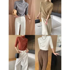 Amozae brown fur boots outfit Sinan High-End Commuter Elegant Simple Half Turtleneck Shoulder Slimming 3/4 Sleeve Sweater Sn6269