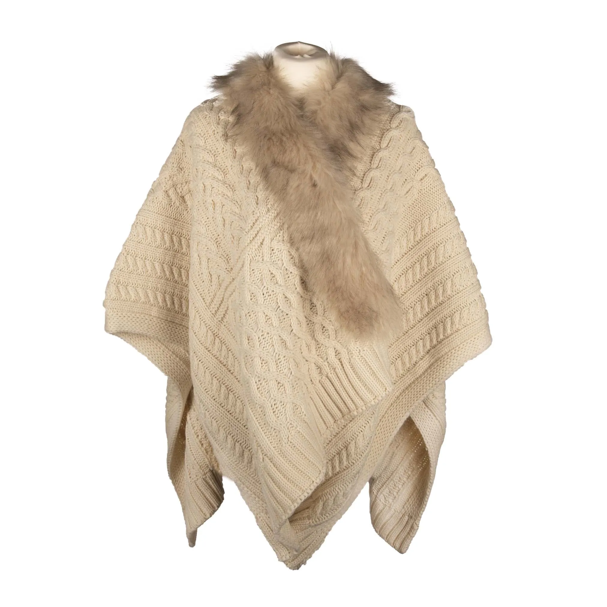 Aran Multi Cable Fur Edge Serape Shawl
