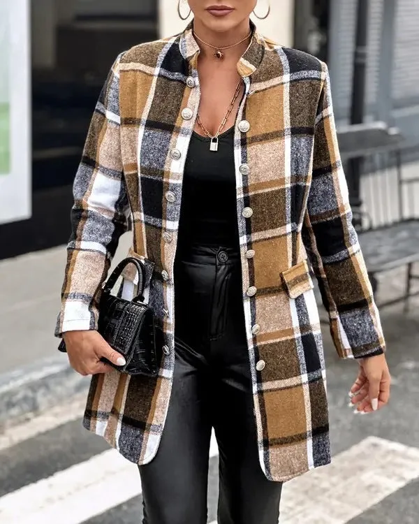 Autumn And Winter New Round Neck Long Sleeve Plaid Wool Coat Long Shirt