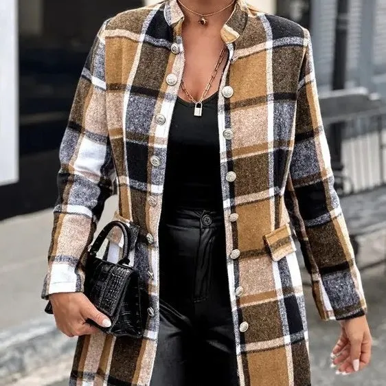 Autumn And Winter New Round Neck Long Sleeve Plaid Wool Coat Long Shirt