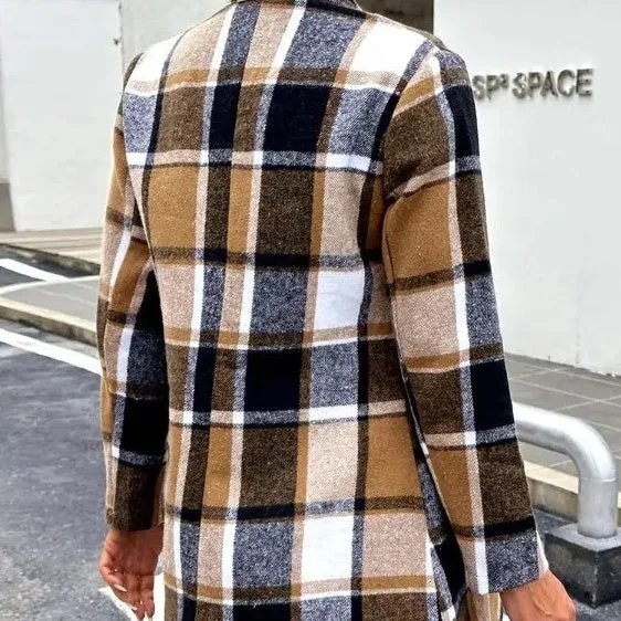 Autumn And Winter New Round Neck Long Sleeve Plaid Wool Coat Long Shirt