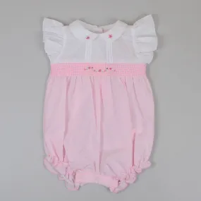Baby Girls Romper with Smocking - Pink / White