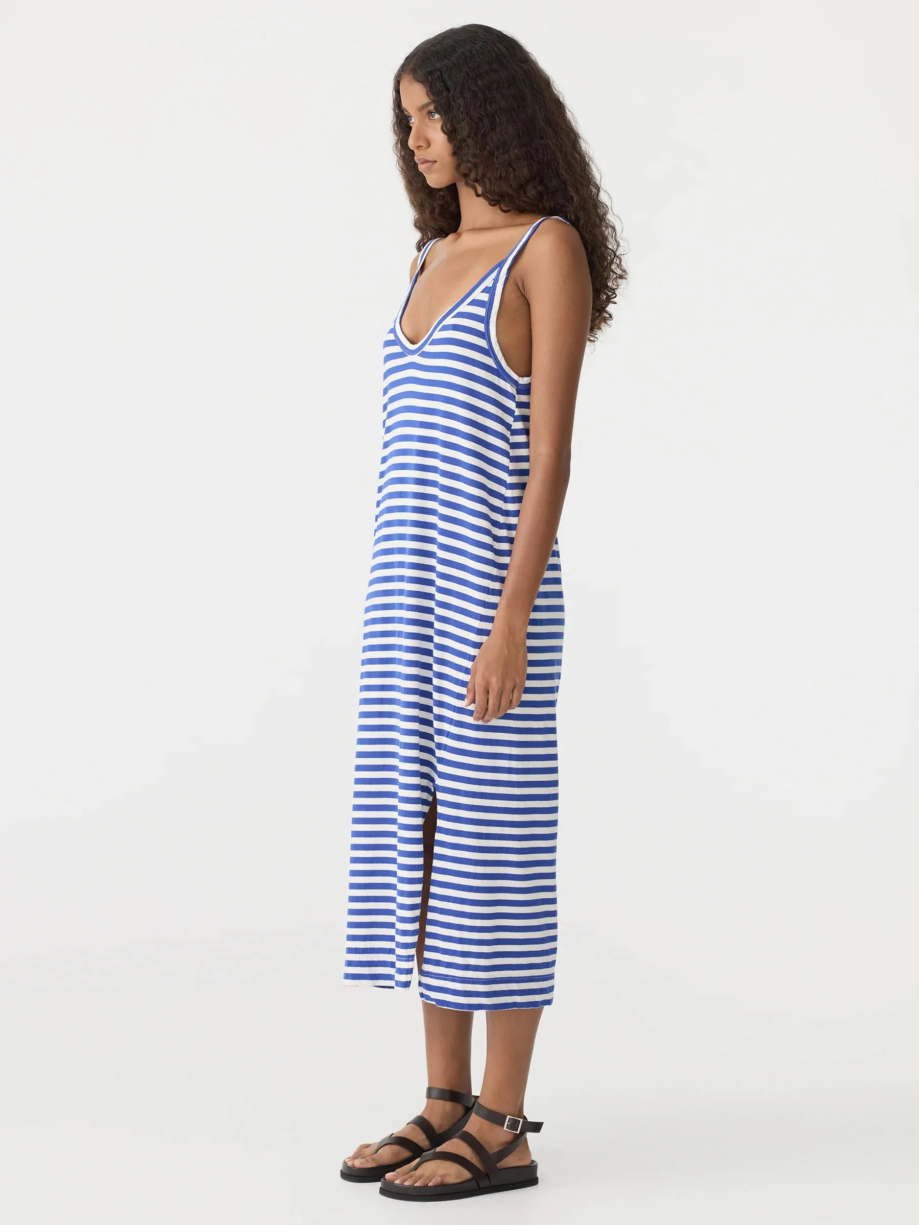 bassike stripe v neck jersey slip dress - natural/cobalt