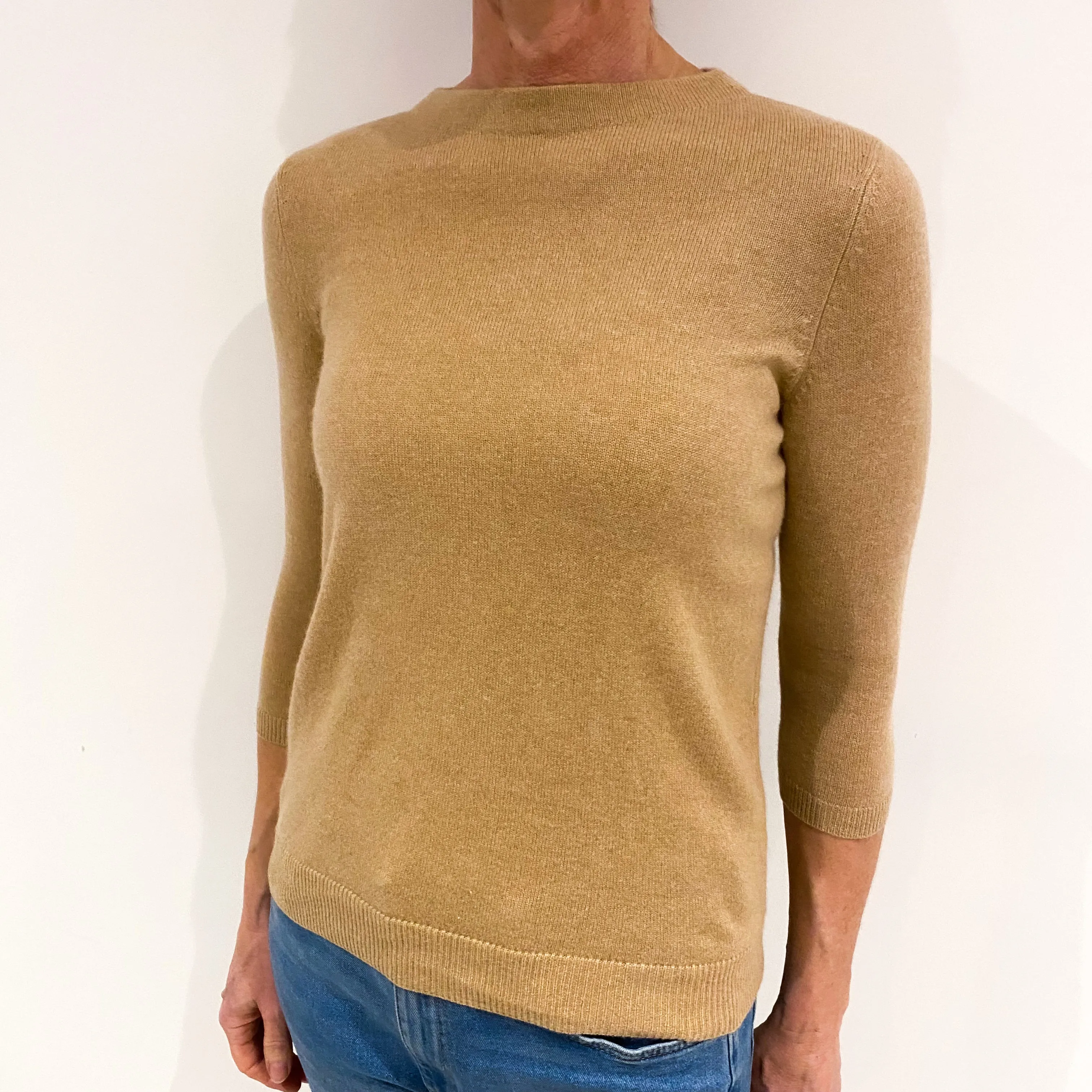 Caramel Brown Cashmere 3/4 Sleeve Crew Neck Jumper Small