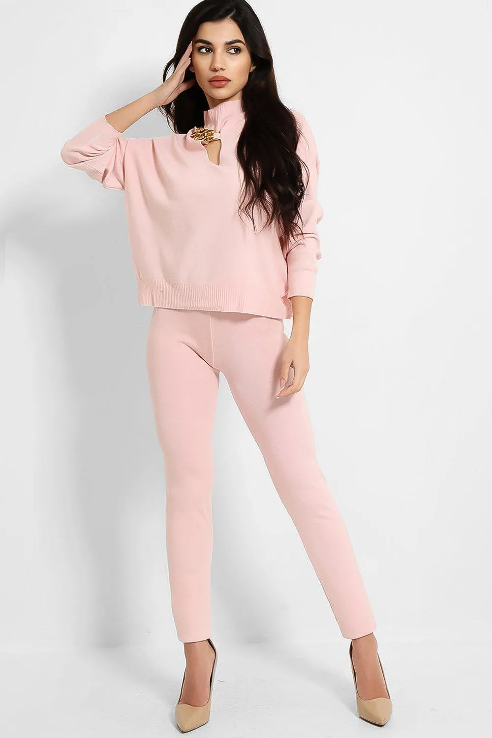 CHAIN CUT OUT JUMPER & LEGGINGS KNIT PALE PINK LOUNGE SET
