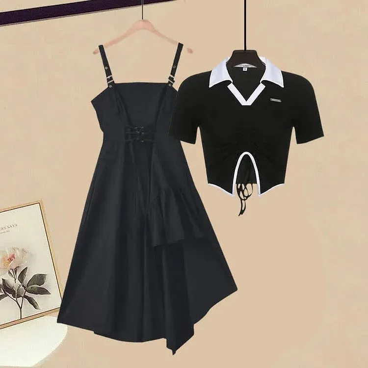 Chic Preppy Drawstring Crop Shirt and Irregular Lace Up Slip Dress Set