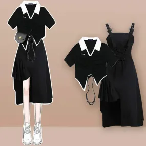 Chic Preppy Drawstring Crop Shirt and Irregular Lace Up Slip Dress Set