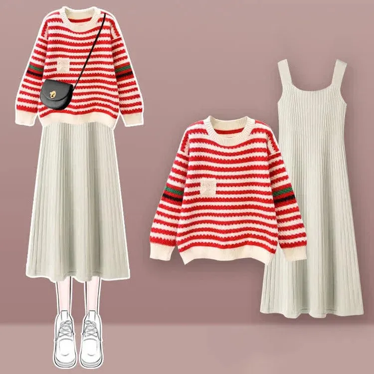 Chic Striped Pocket Knit Sweater Dress Set