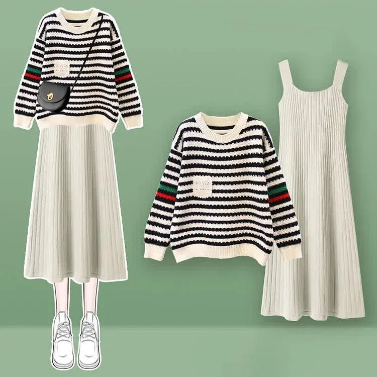 Chic Striped Pocket Knit Sweater Dress Set