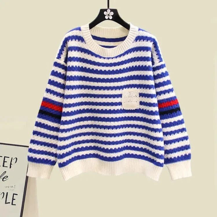 Chic Striped Pocket Knit Sweater Dress Set