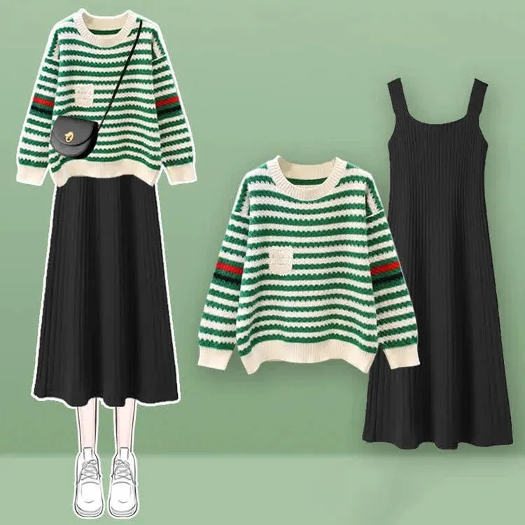 Chic Striped Pocket Knit Sweater Dress Set