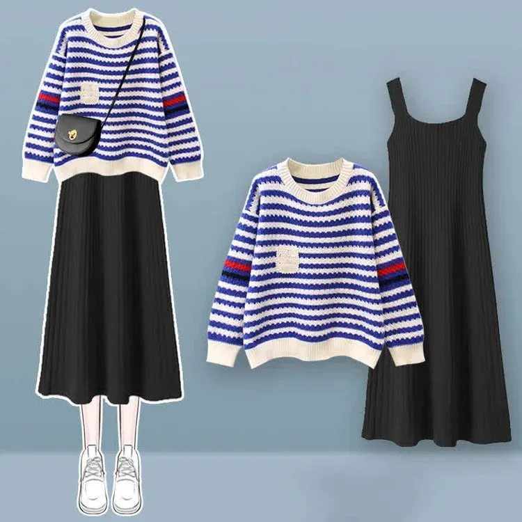 Chic Striped Pocket Knit Sweater Dress Set