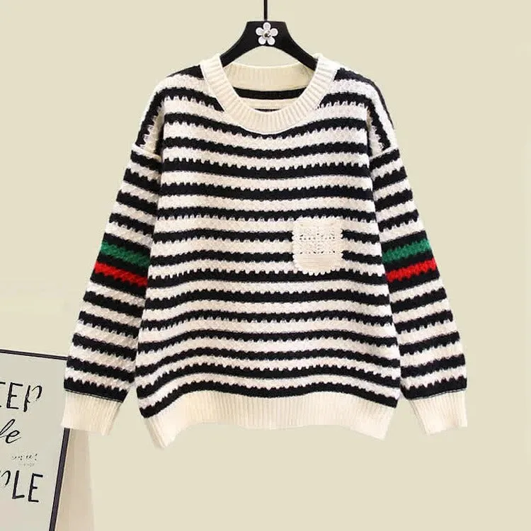 Chic Striped Pocket Knit Sweater Dress Set