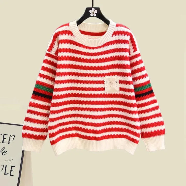Chic Striped Pocket Knit Sweater Dress Set