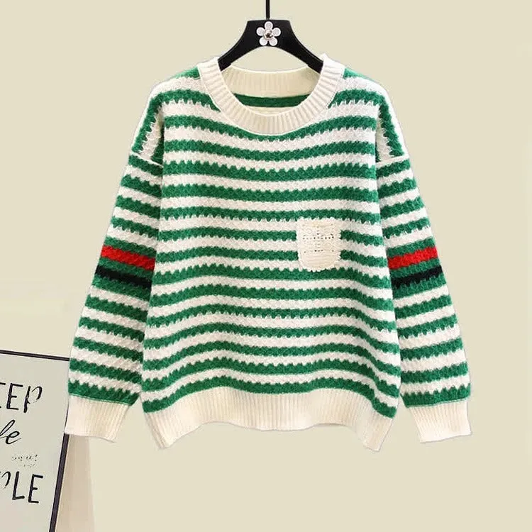 Chic Striped Pocket Knit Sweater Dress Set