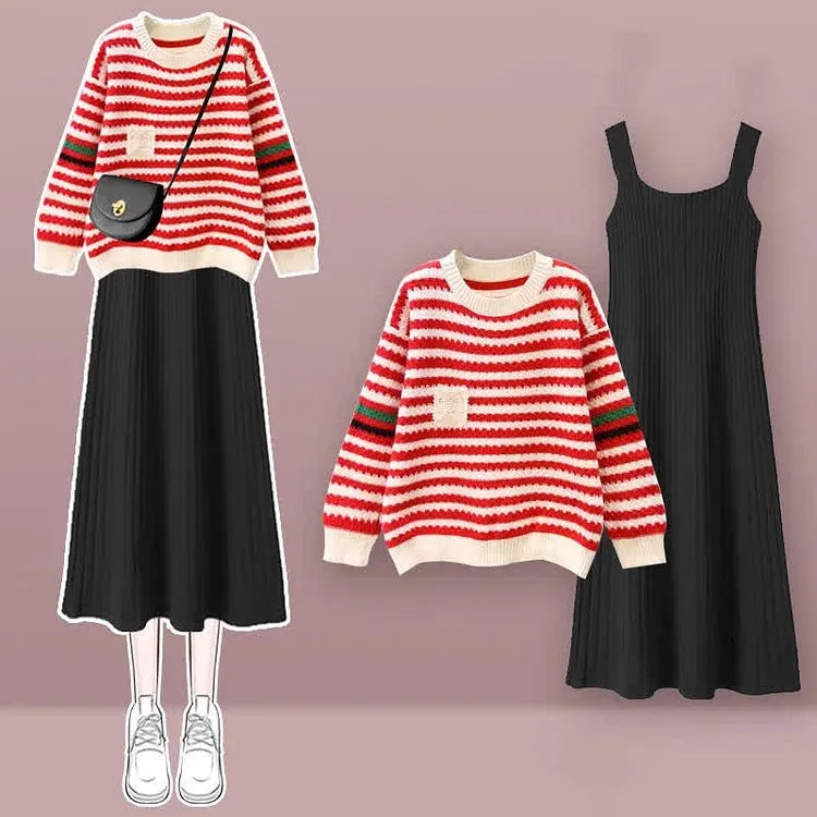 Chic Striped Pocket Knit Sweater Dress Set
