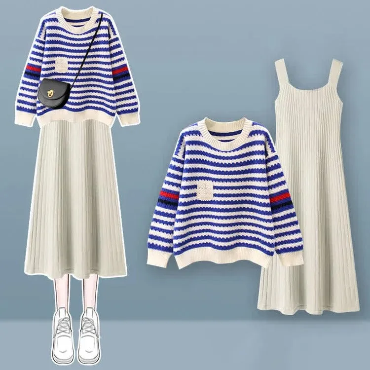 Chic Striped Pocket Knit Sweater Dress Set