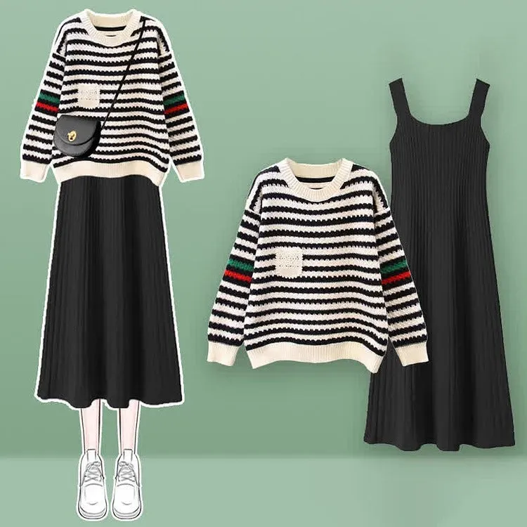 Chic Striped Pocket Knit Sweater Dress Set