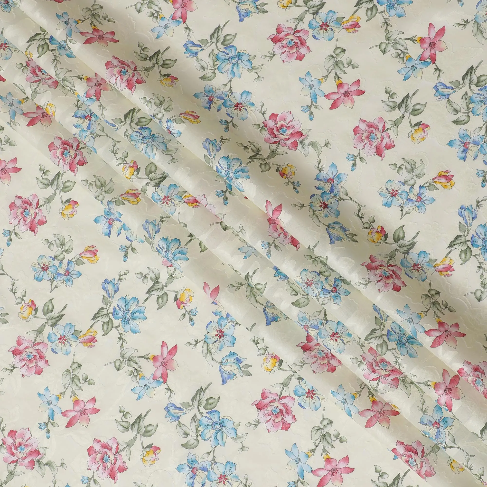 Classic Ivory Uragiri Cotton Voile Fabric with Delicate Multicolored Floral Print, 110 cm Wide - Timeless Indian Elegance-D18985