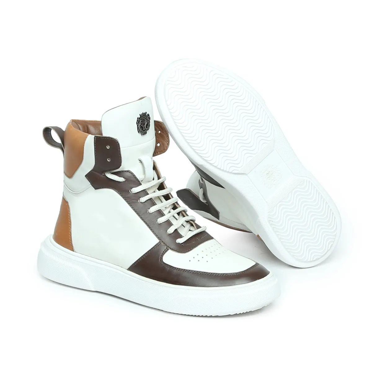 Contrasting Brown & Tan Leather Sneakers White High Ankle by Brune & Bareskin