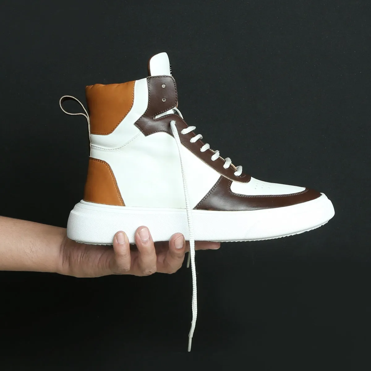 Contrasting Brown & Tan Leather Sneakers White High Ankle by Brune & Bareskin