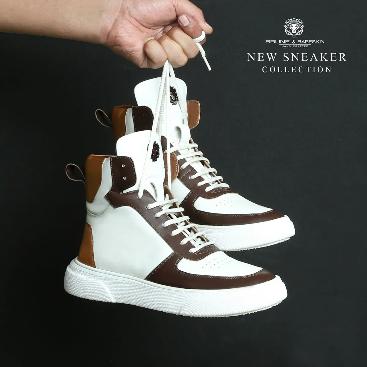 Contrasting Brown & Tan Leather Sneakers White High Ankle by Brune & Bareskin