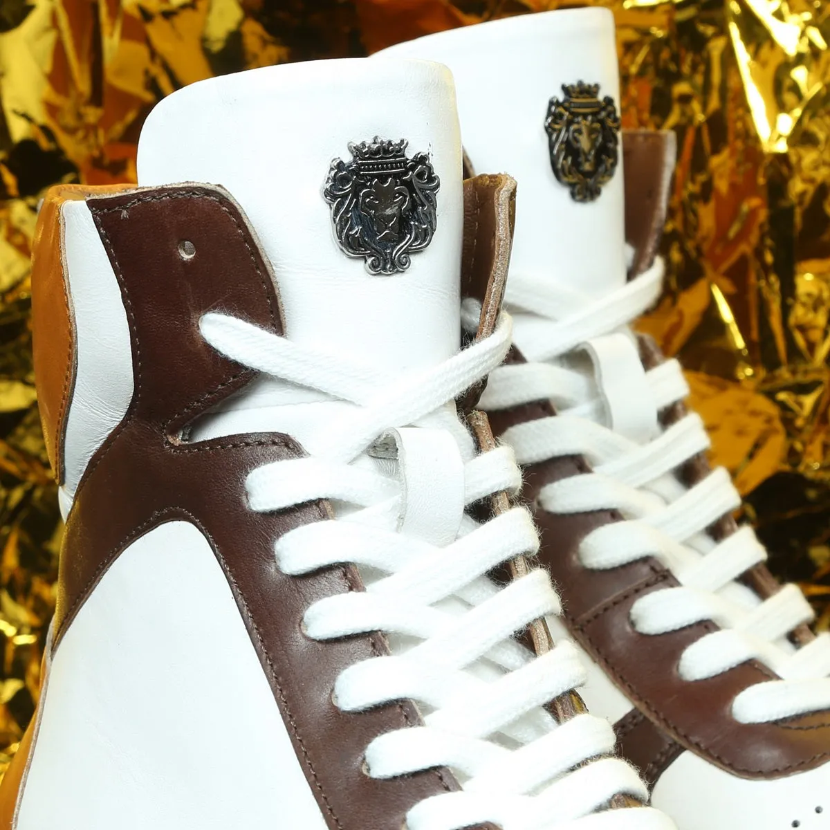 Contrasting Brown & Tan Leather Sneakers White High Ankle by Brune & Bareskin
