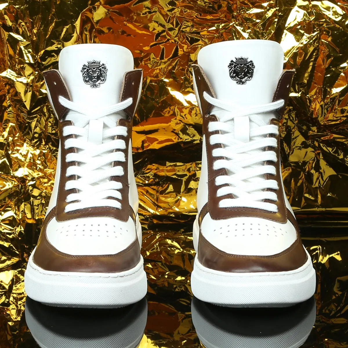 Contrasting Brown & Tan Leather Sneakers White High Ankle by Brune & Bareskin