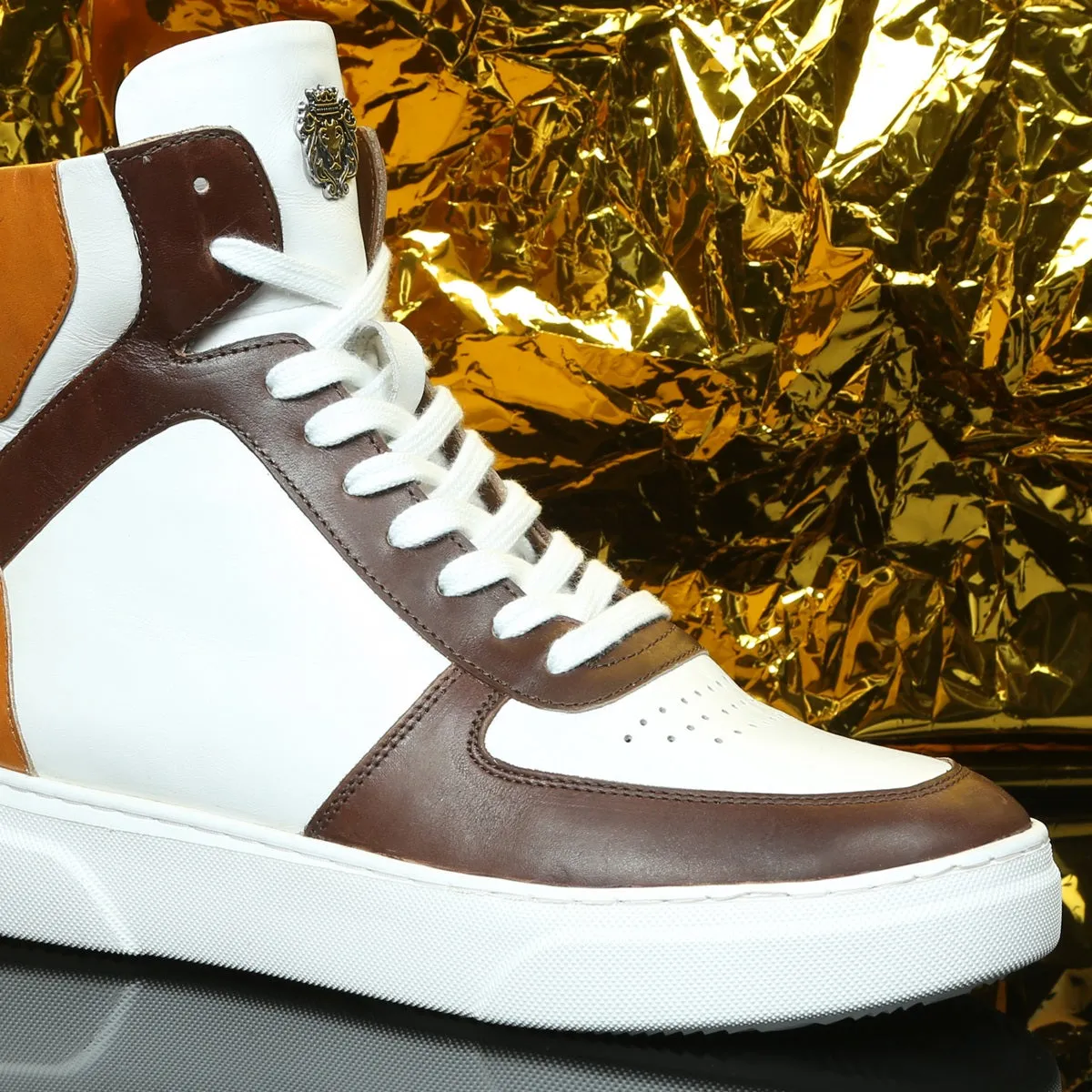 Contrasting Brown & Tan Leather Sneakers White High Ankle by Brune & Bareskin