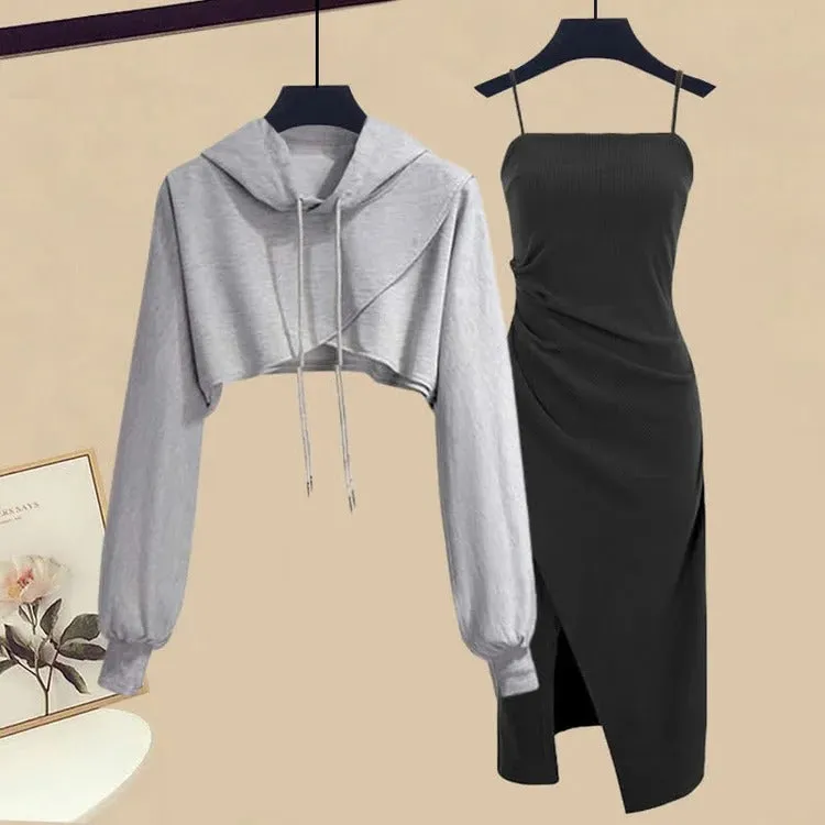 Cross Crop Hoodie: Your Ruffle Split Slip Dress Combo
