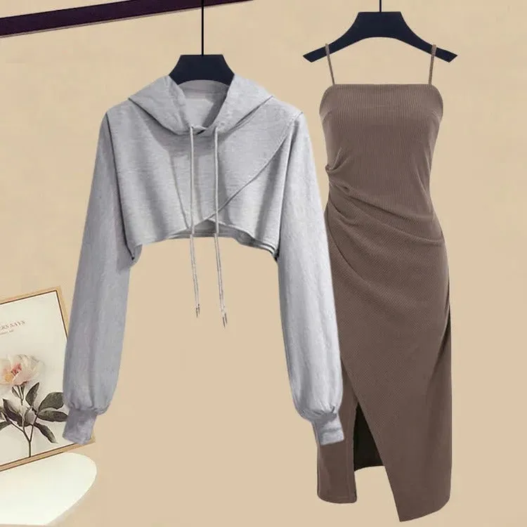 Cross Crop Hoodie: Your Ruffle Split Slip Dress Combo