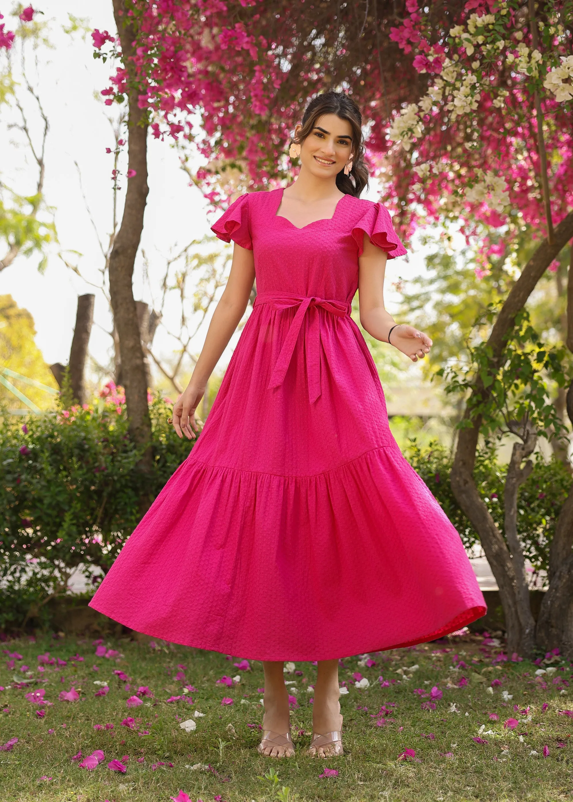 Della Cotton Pink Embroidered Flared Dress