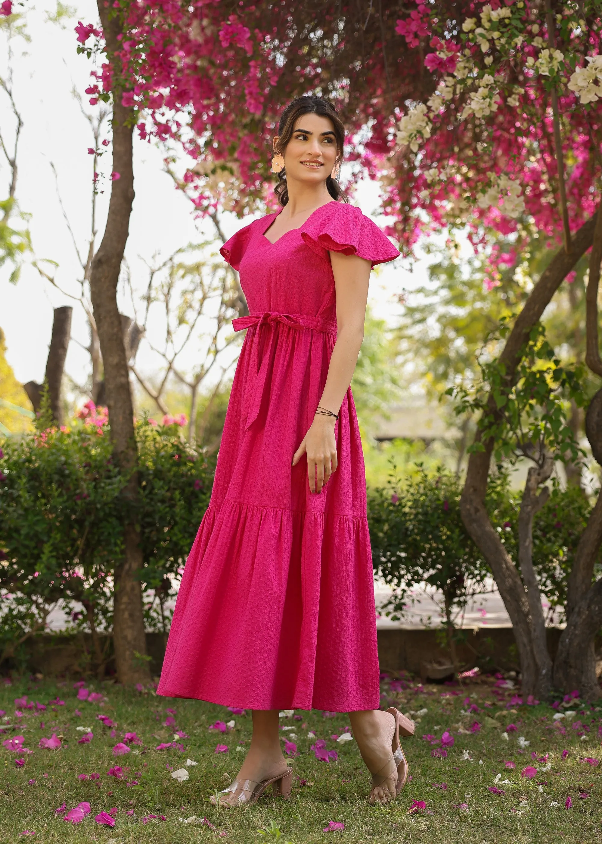 Della Cotton Pink Embroidered Flared Dress