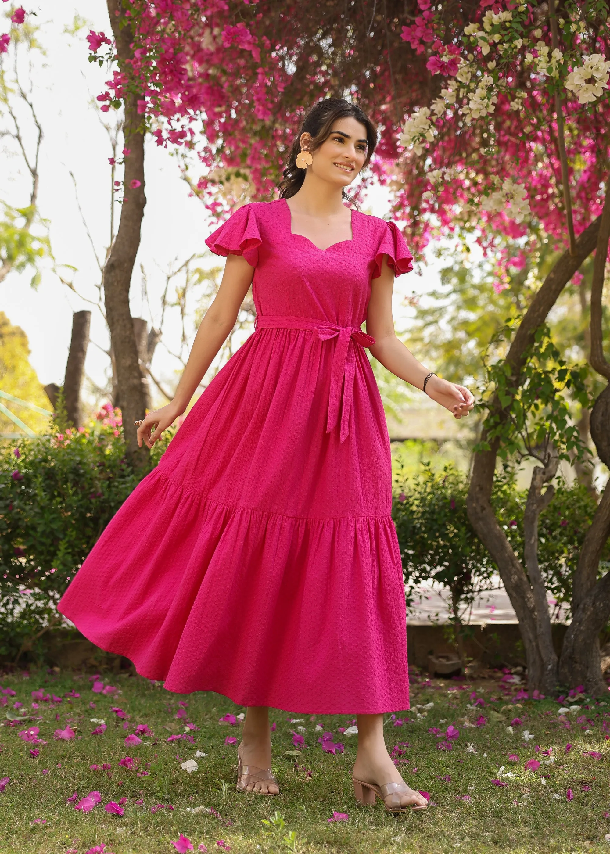 Della Cotton Pink Embroidered Flared Dress