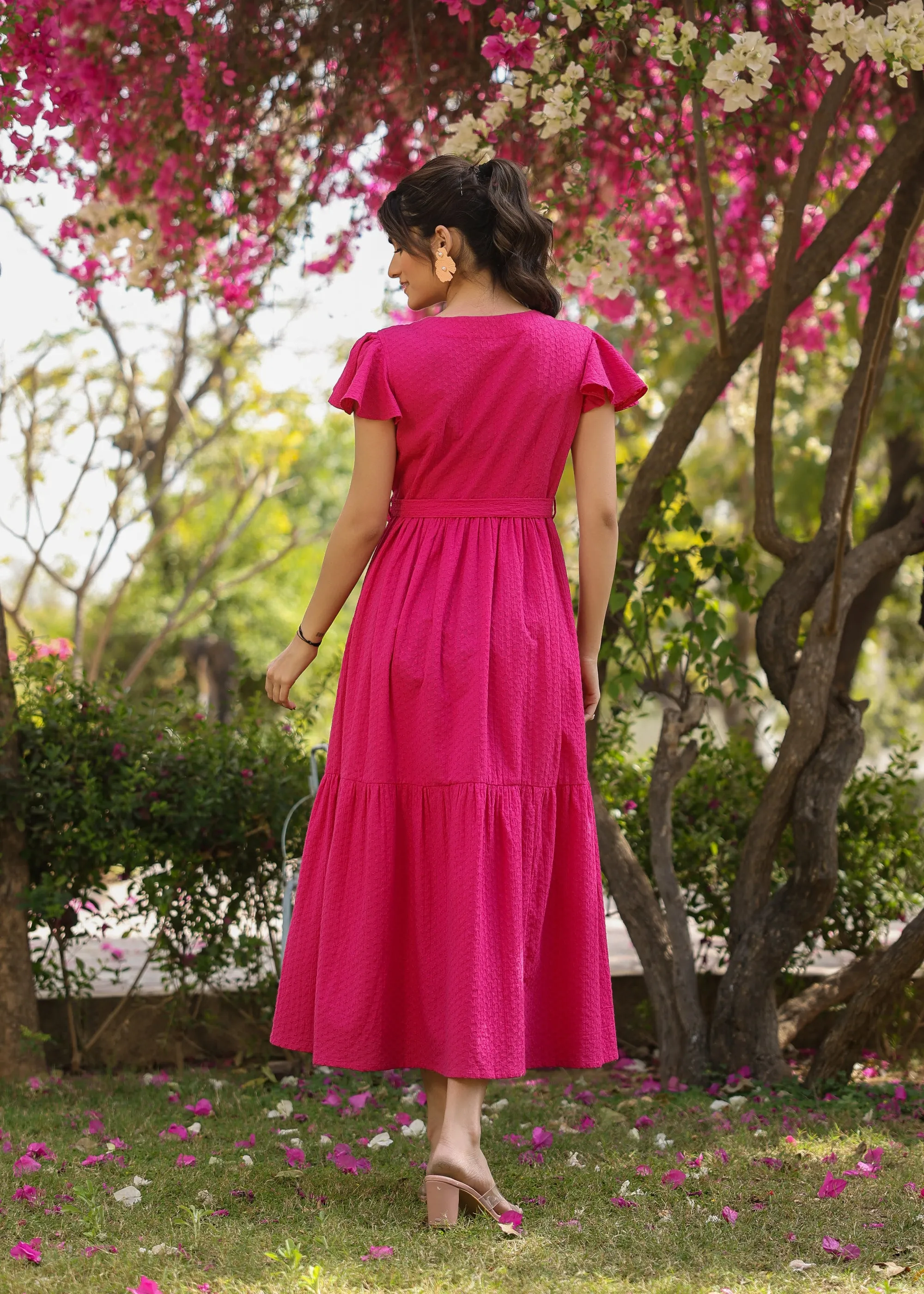 Della Cotton Pink Embroidered Flared Dress