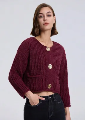 Donni Cropped Knit Cardigan in Maroon