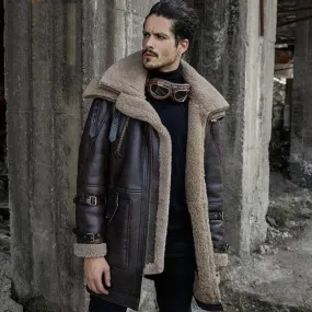 Double Collar Shearling Aviator Fur Long Coat