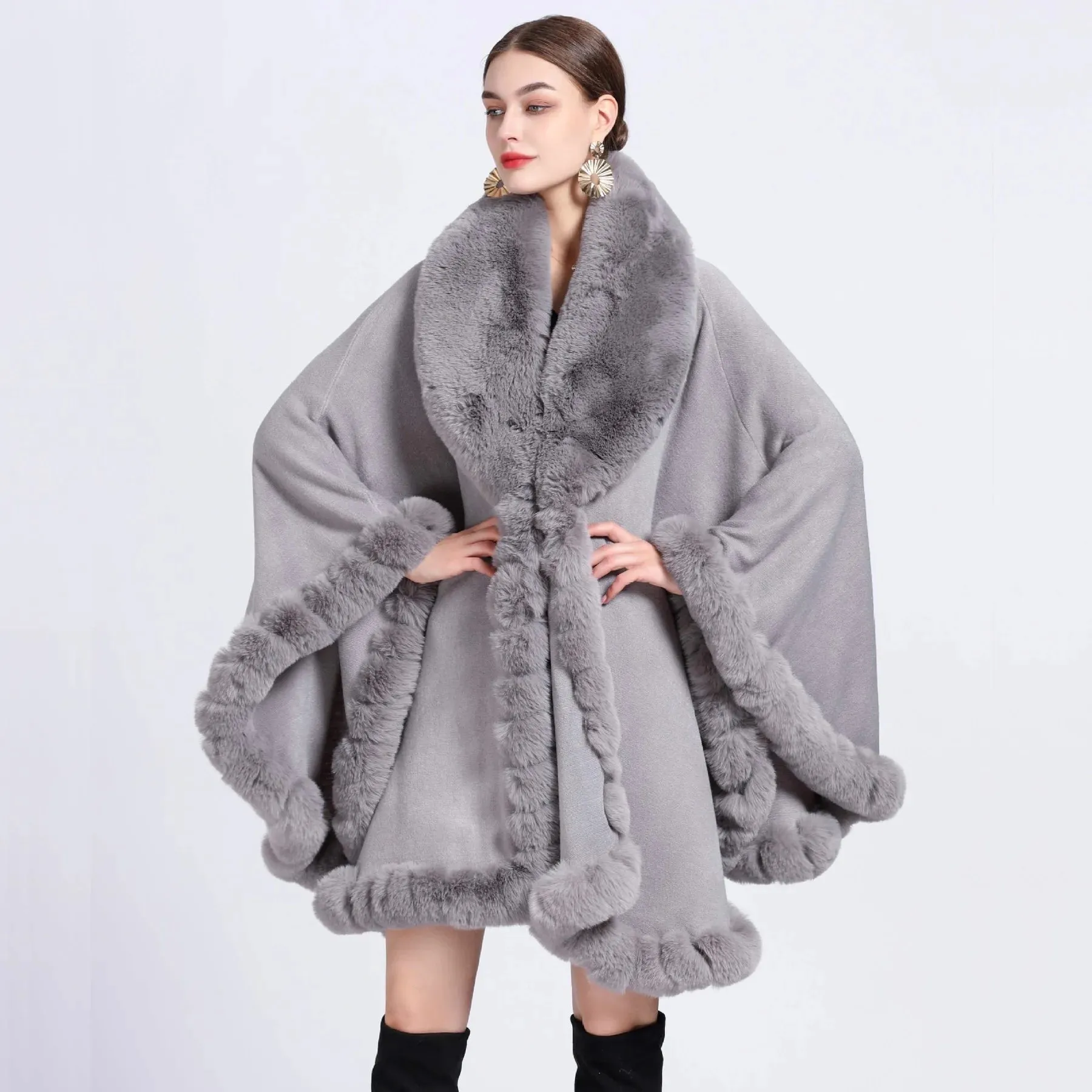 Elegant Imitation Rabbit Fur Cape Women Poncho Shawl Cloak