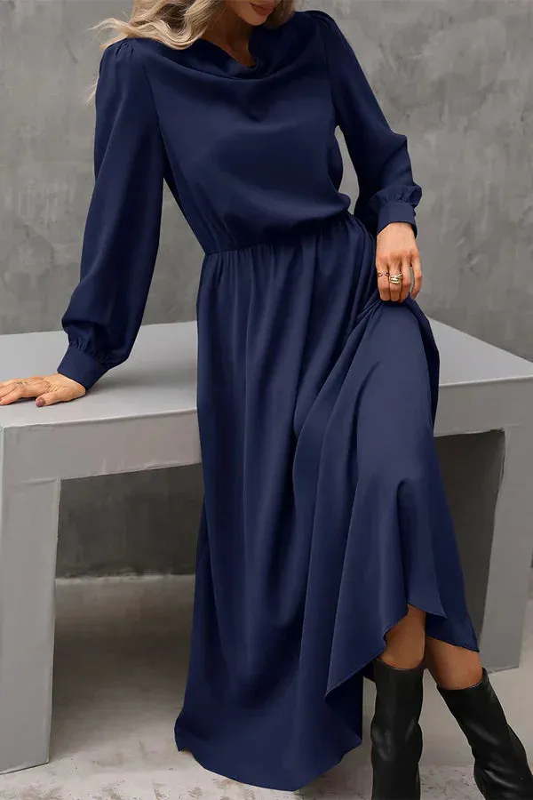 Elegant solid color asymmetrical scarf collar A-line evening dress Dark Blue