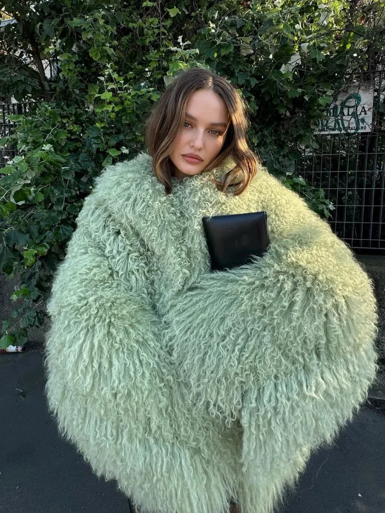Fashionkova Chic Green Oversized Plush Women's Fur Coat Elegant Soft Warm Long Sleeves Loose Jackets Winter New Ladies Chic 2024 Streetwear