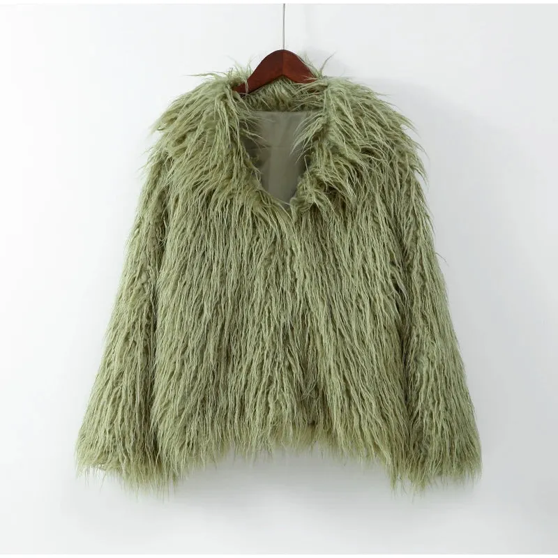 Fashionkova Chic Green Oversized Plush Women's Fur Coat Elegant Soft Warm Long Sleeves Loose Jackets Winter New Ladies Chic 2024 Streetwear