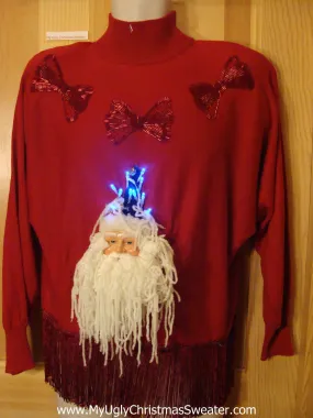 Funny 80s Christmas Sweater with Lights 3D Santa Fringe