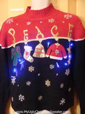 Funny Christmas Sweater Pullover PEACE with Lights