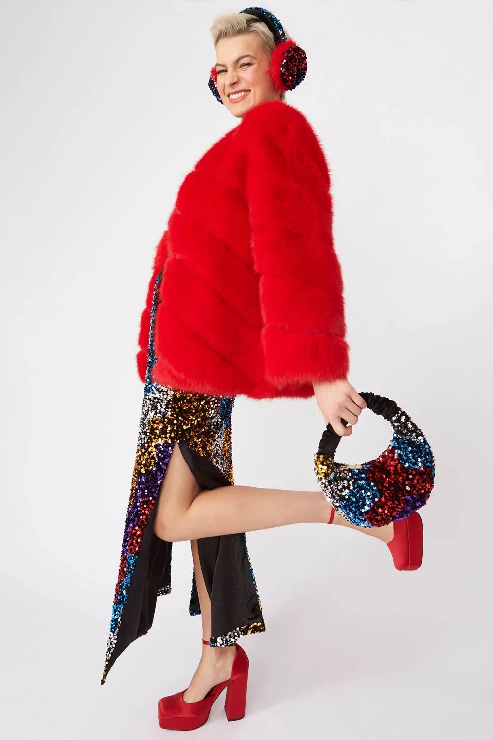 Gaga Faux Fur Striped Red Coat