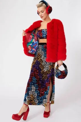 Gaga Faux Fur Striped Red Coat