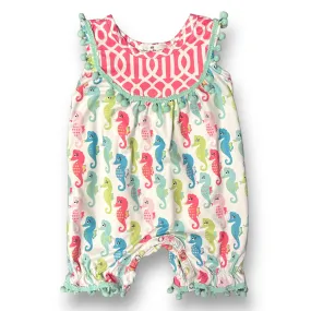 Girls Marie Nicole Size 6-12 Months Aqua & White Sea Horses Sleeveless Romper