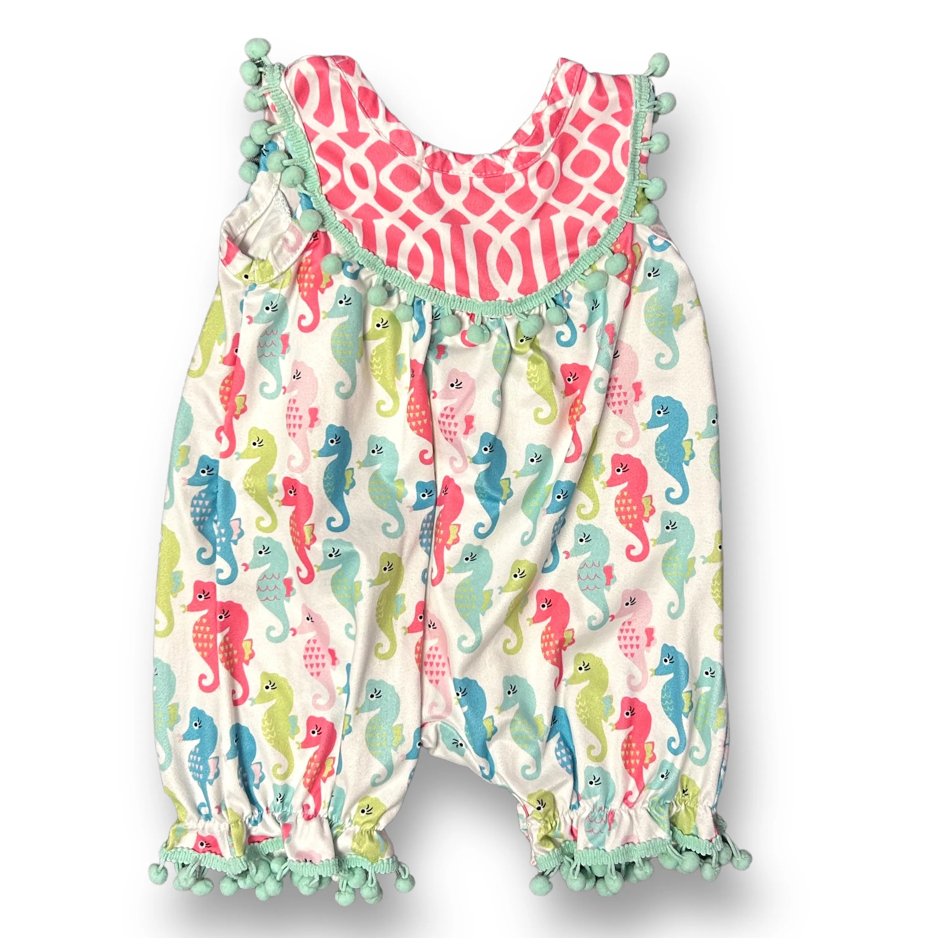 Girls Marie Nicole Size 6-12 Months Aqua & White Sea Horses Sleeveless Romper