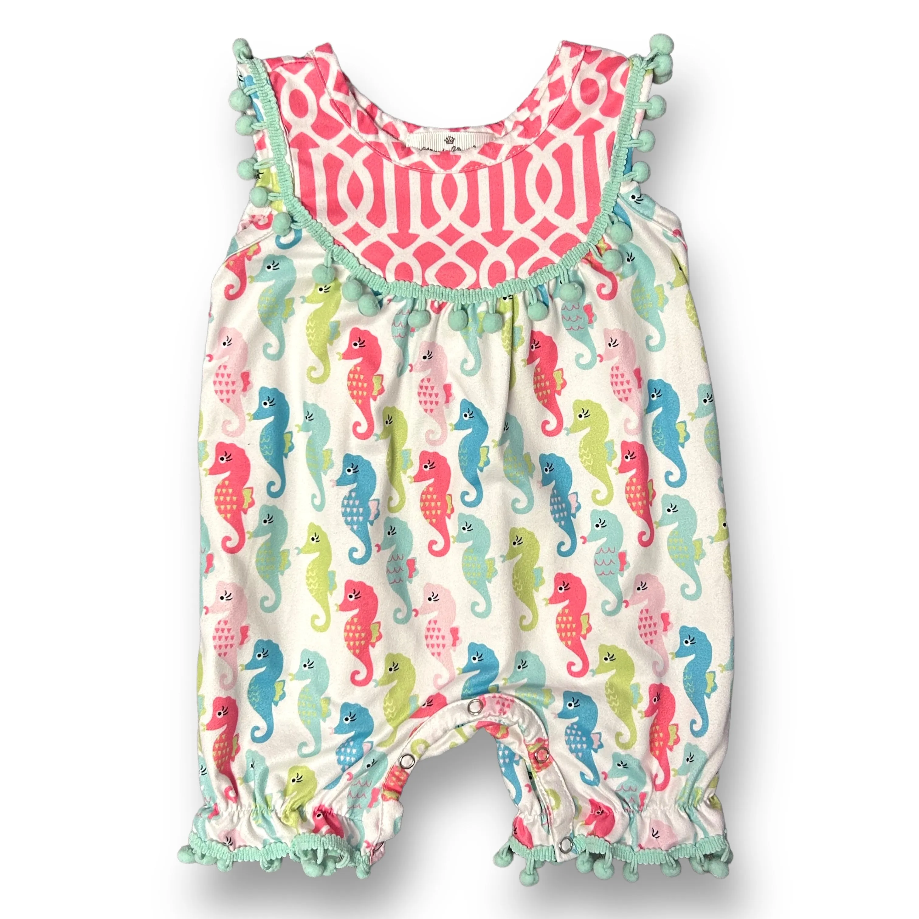Girls Marie Nicole Size 6-12 Months Aqua & White Sea Horses Sleeveless Romper