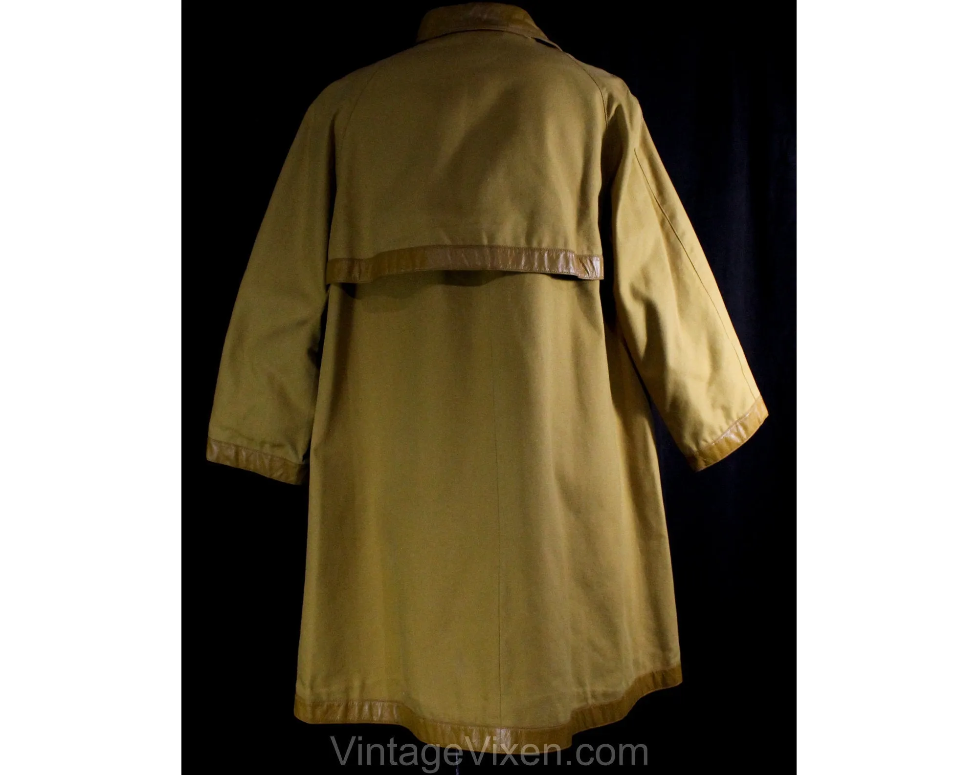 Large Bonnie Cashin 1960s Canvas Coat with Tan Leather - 60s Designer Fall Autumn Overcoat - Mustard Gold Cotton - Big Pockets - Bust 42